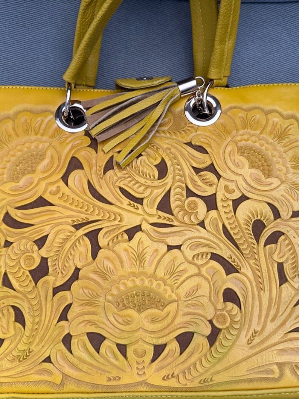 Mexican Tooled Leather Suede Tote Wallet 3 Piece Set Mustard Yellow ***NWOT***